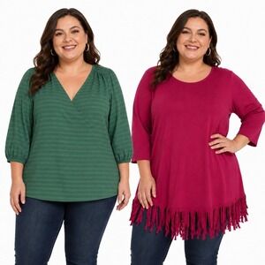SLIM FACTOR by Investments Bundle Of 2 Blouses Woman's Size 3X Green Burgundy